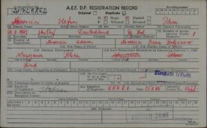 Archiwalny dokument rejestracyjny w języku angielskim zatytułowany „A.E.F. D.P. REGISTRATION RECORD”, dotyczący Stefana Nowocina, urodzonego 29 stycznia 1945 roku w Stutthofie. Karta o żółtawym kolorze została wypełniona odręcznym, czerwonym pismem, zawiera polskie dane personalne (w tym rodziców Adama i Ireny), pieczątkę „BRITISH ZONE” oraz docelowe miejsce podróży: Warszawa, Polska.